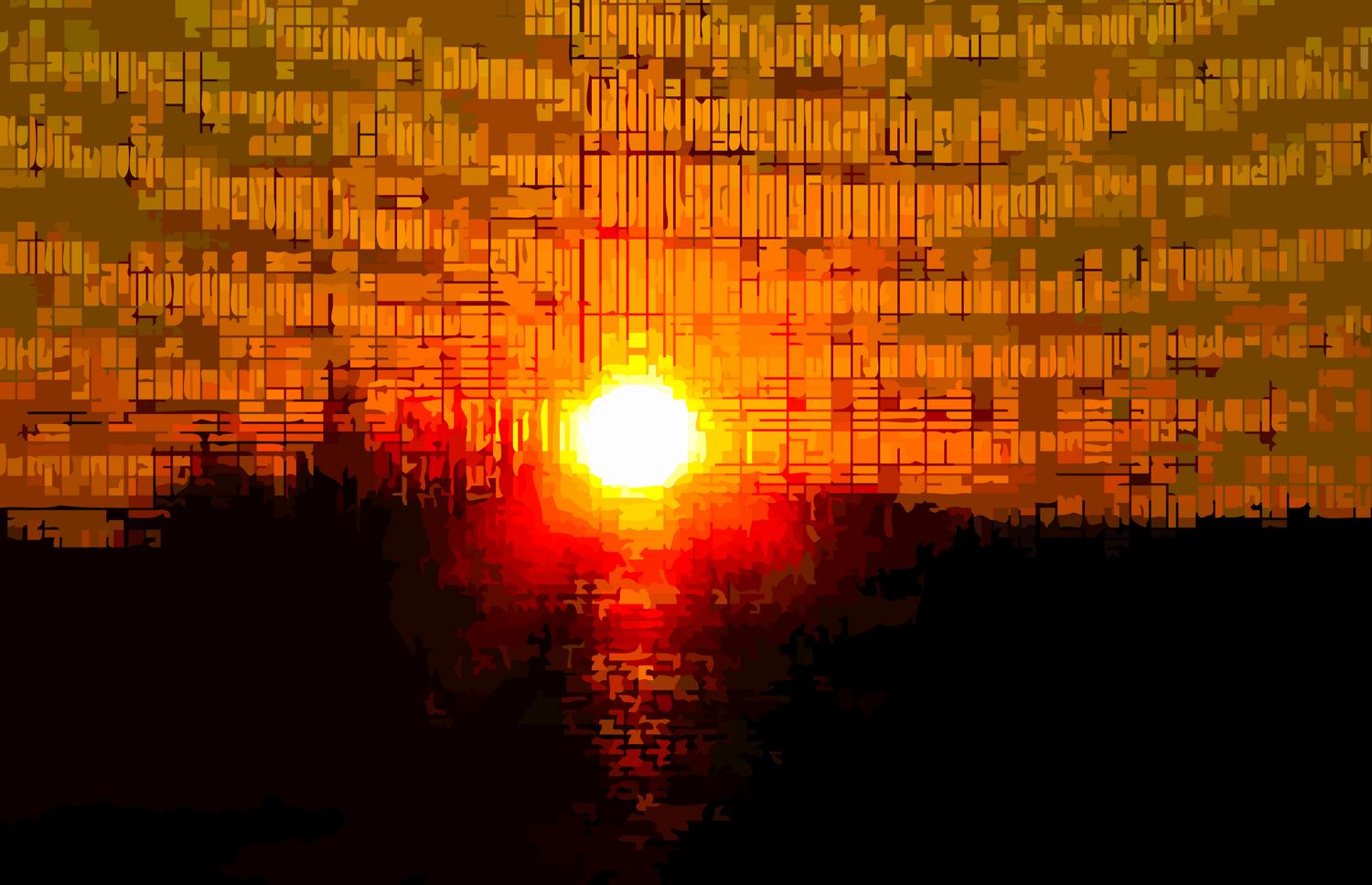 view of the sunset in our back yard seen through the screen of our porch hues of red orange yellow striking image - <center>Sunset in rythmic beats and squares-crop - Techno-Impressionist Museum - Techno-Impressionism - art - beautiful - photo photography picture - by Tony Karp